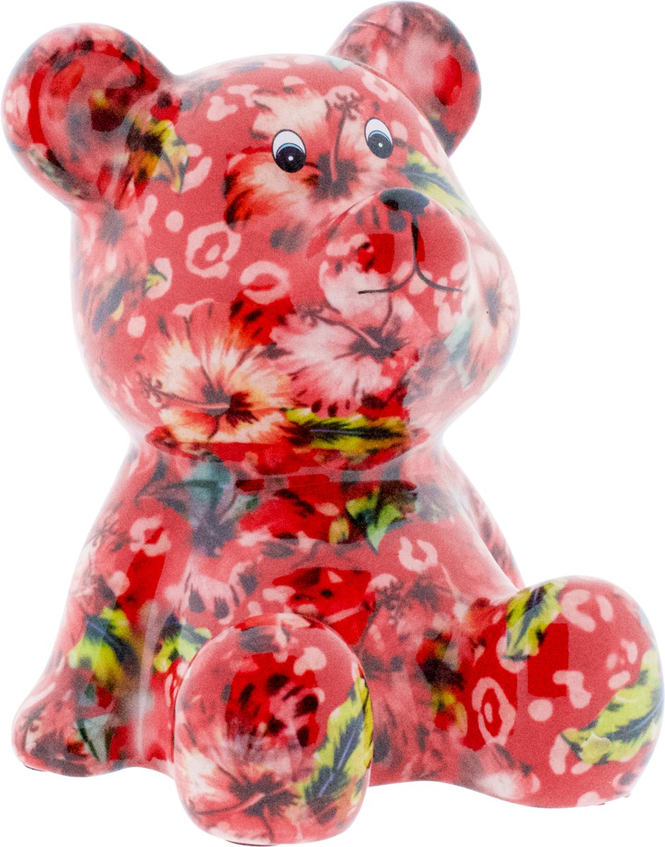 Teddybeer Cyril spaarpot | Beer - Rood met tropische bloemen | Pomme pidou